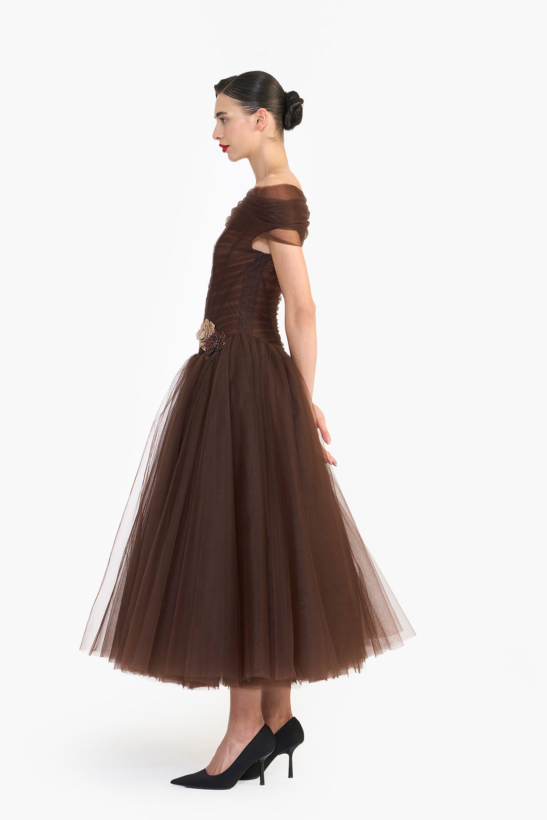 OFF SHOULDER DRAPED TULLE MIDI