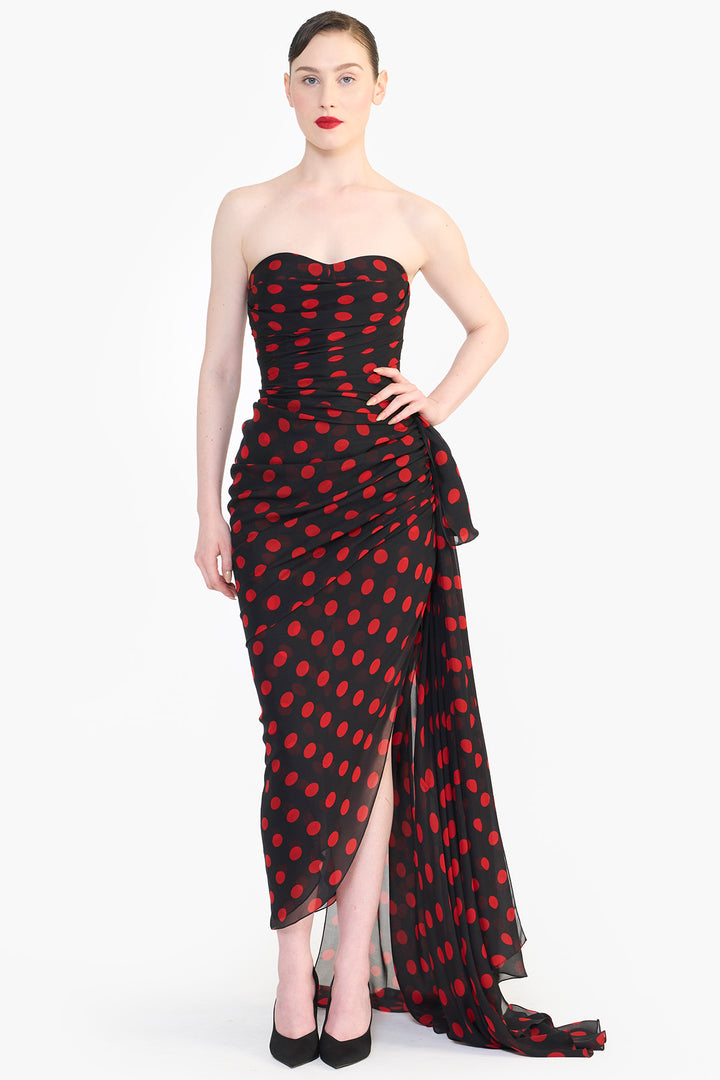 CORSETED PENCIL DRESS WITH SIDE TRAIN