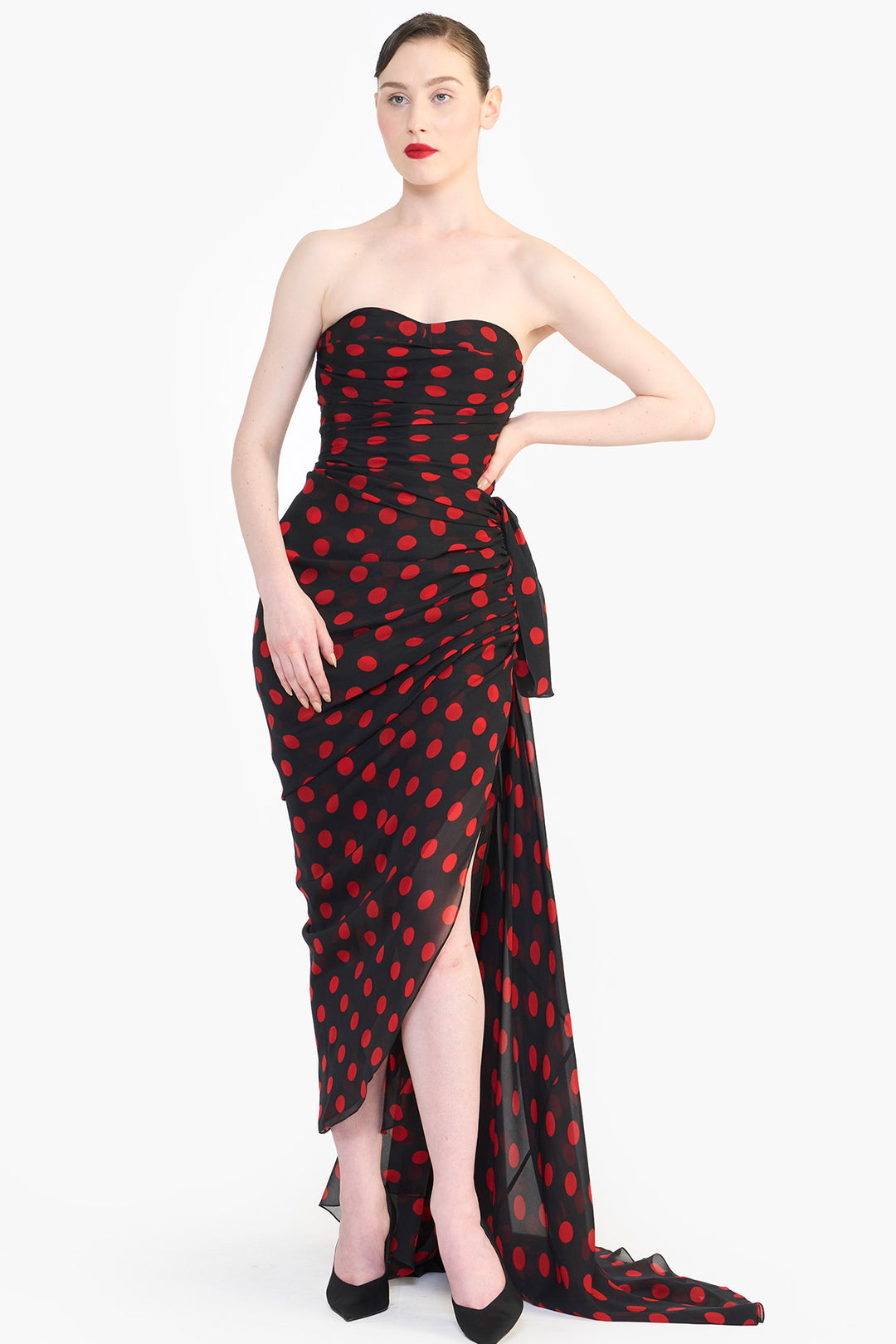 CORSETED PENCIL DRESS WITH SIDE TRAIN