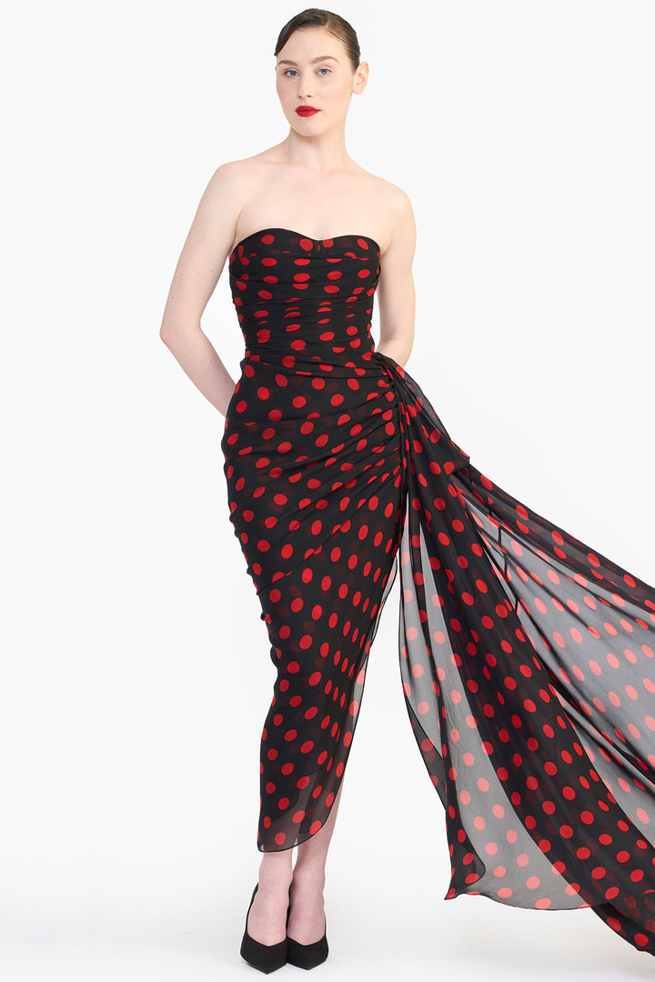 CORSETED PENCIL DRESS WITH SIDE TRAIN