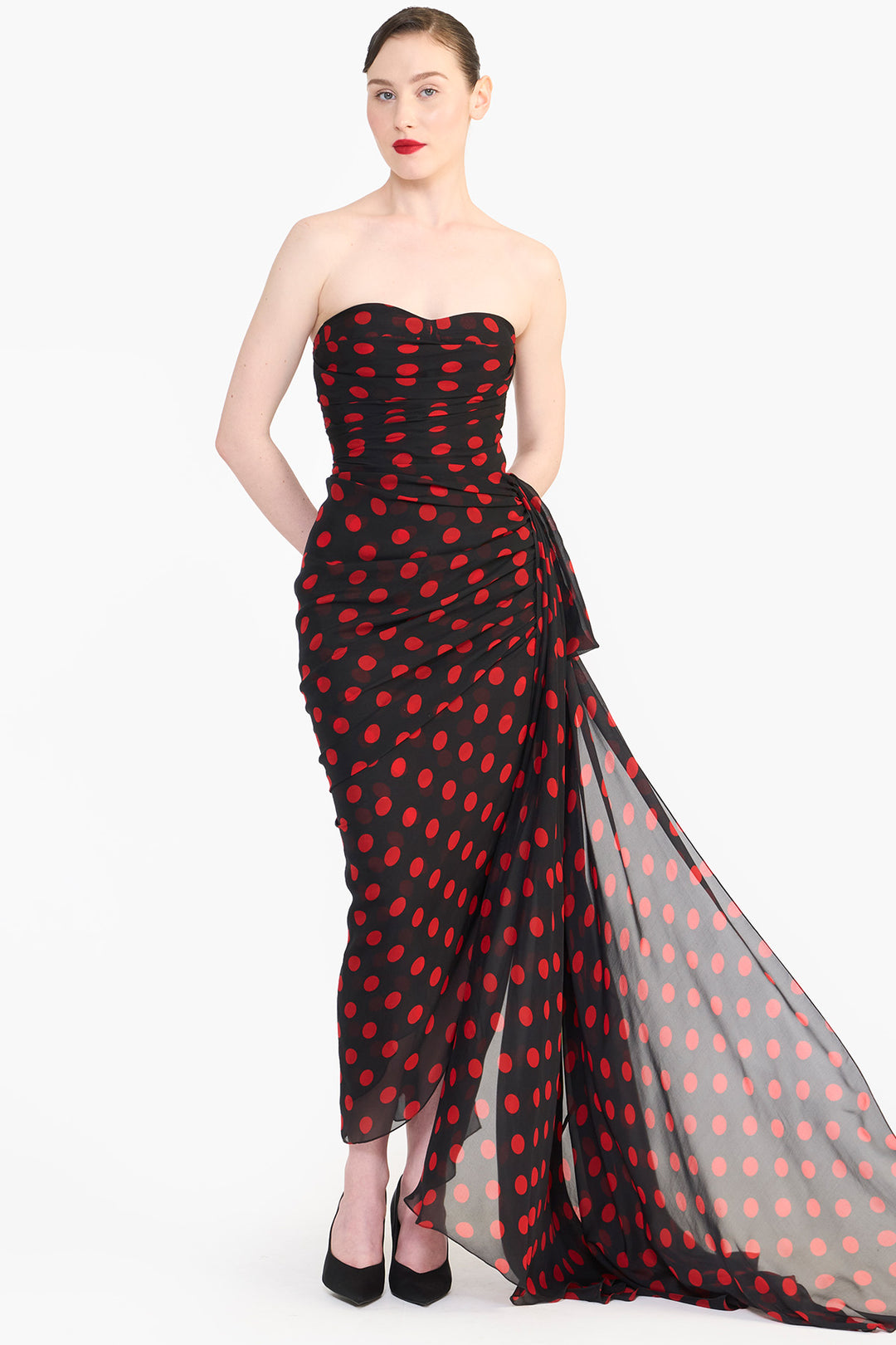 CORSETED PENCIL DRESS WITH SIDE TRAIN