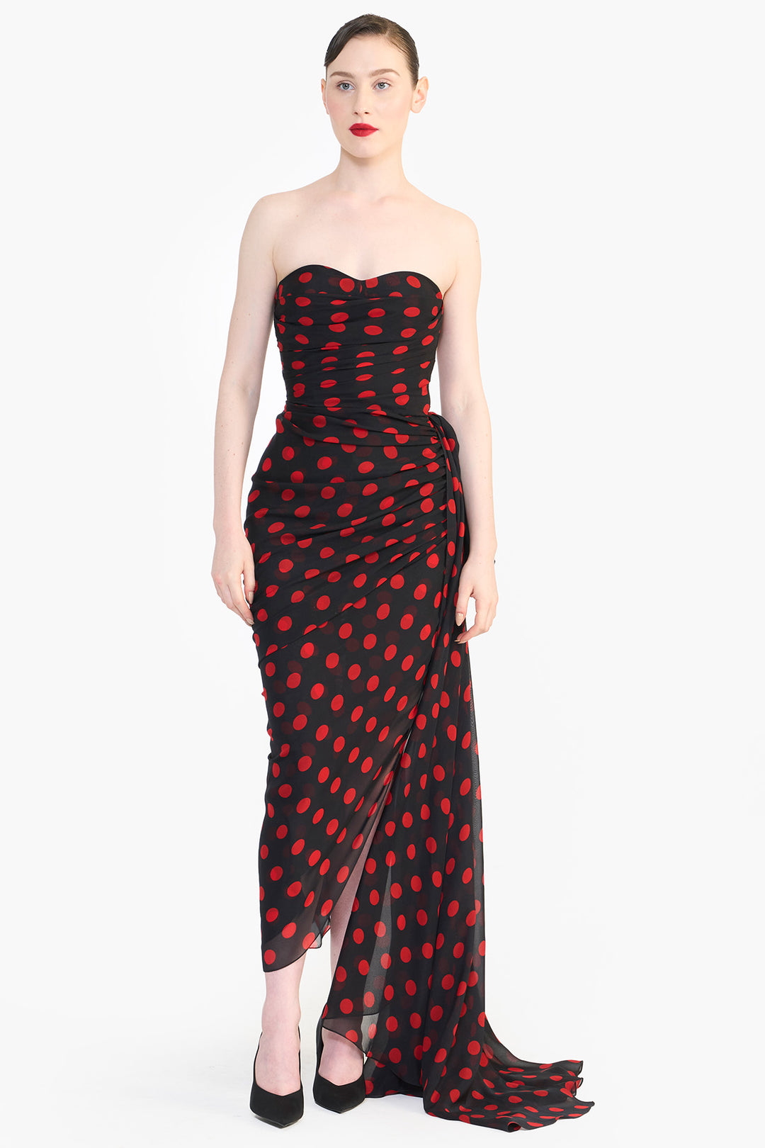 CORSETED PENCIL DRESS WITH SIDE TRAIN