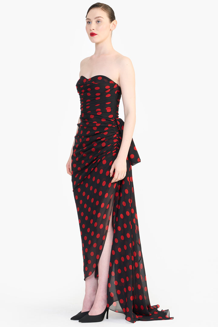 CORSETED PENCIL DRESS WITH SIDE TRAIN