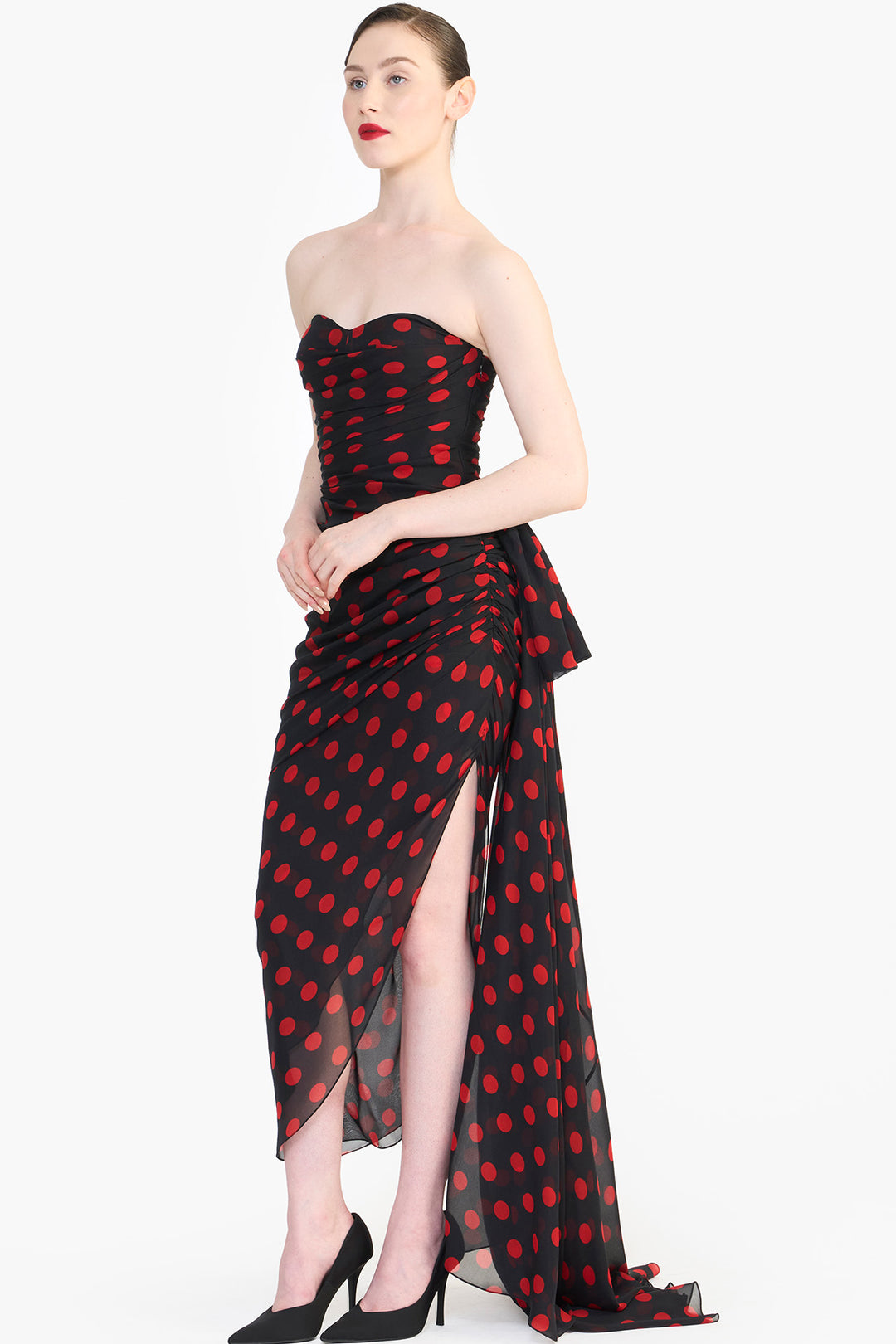 CORSETED PENCIL DRESS WITH SIDE TRAIN