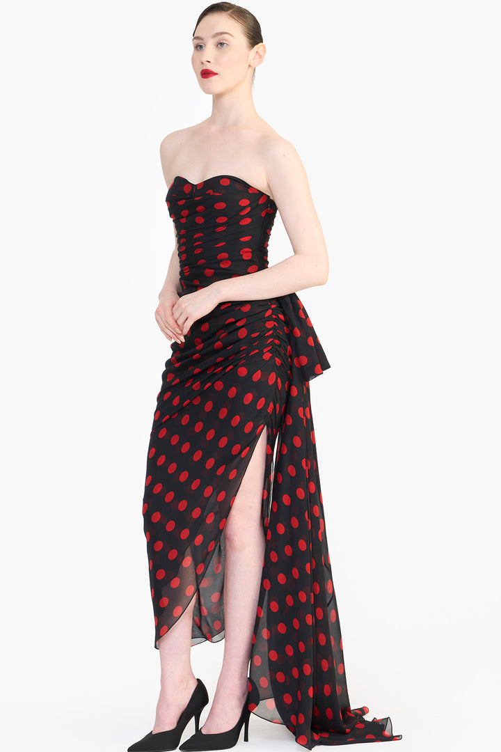 CORSETED PENCIL DRESS WITH SIDE TRAIN