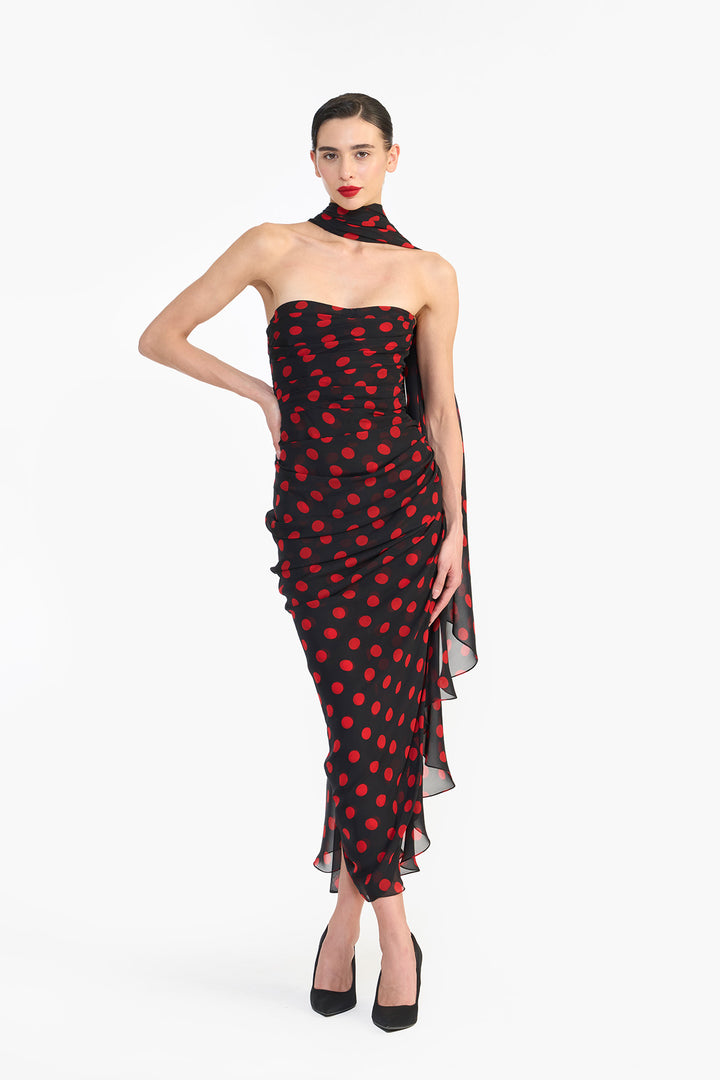 CORSETED PENCIL DRESS WITH SCARF DRAPE