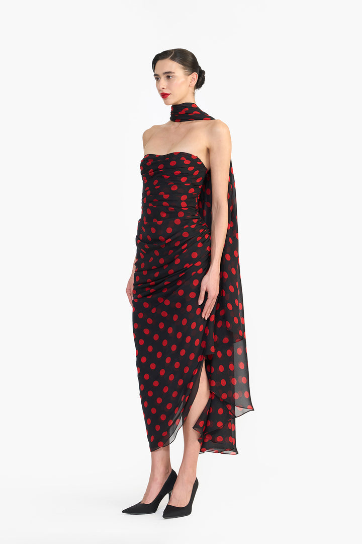 CORSETED PENCIL DRESS WITH SCARF DRAPE