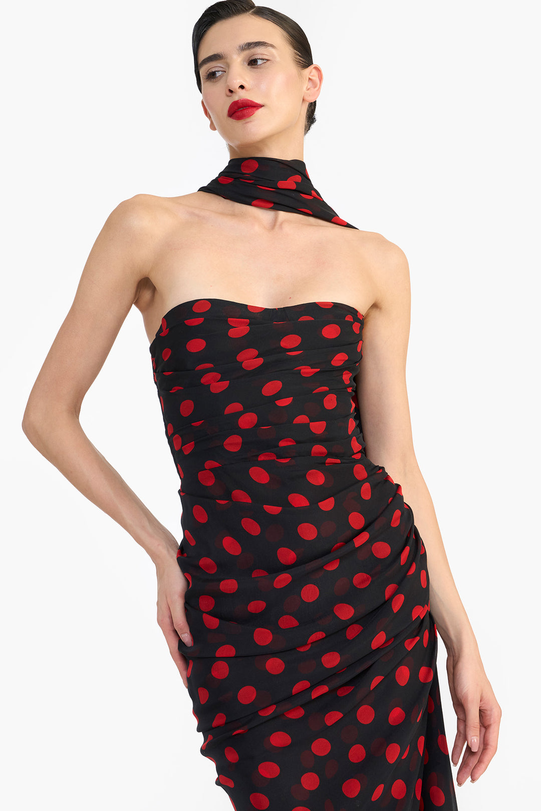 CORSETED PENCIL DRESS WITH SCARF DRAPE