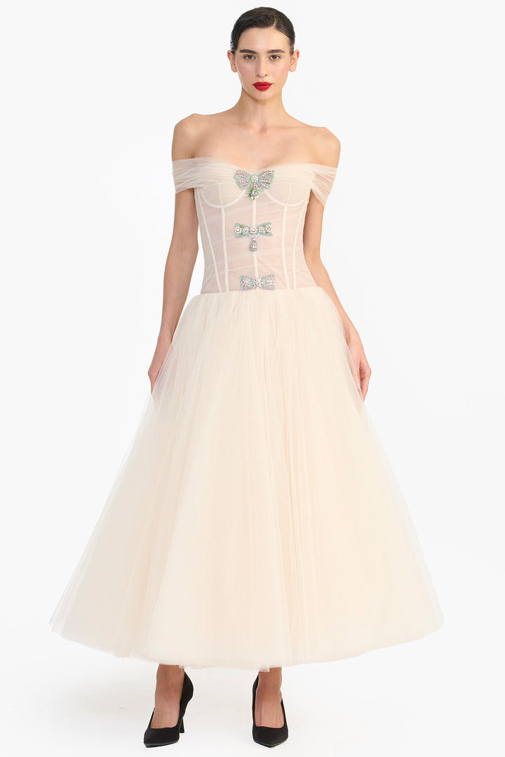 OFF SHOULDER CRYSTAL BOW MIDI