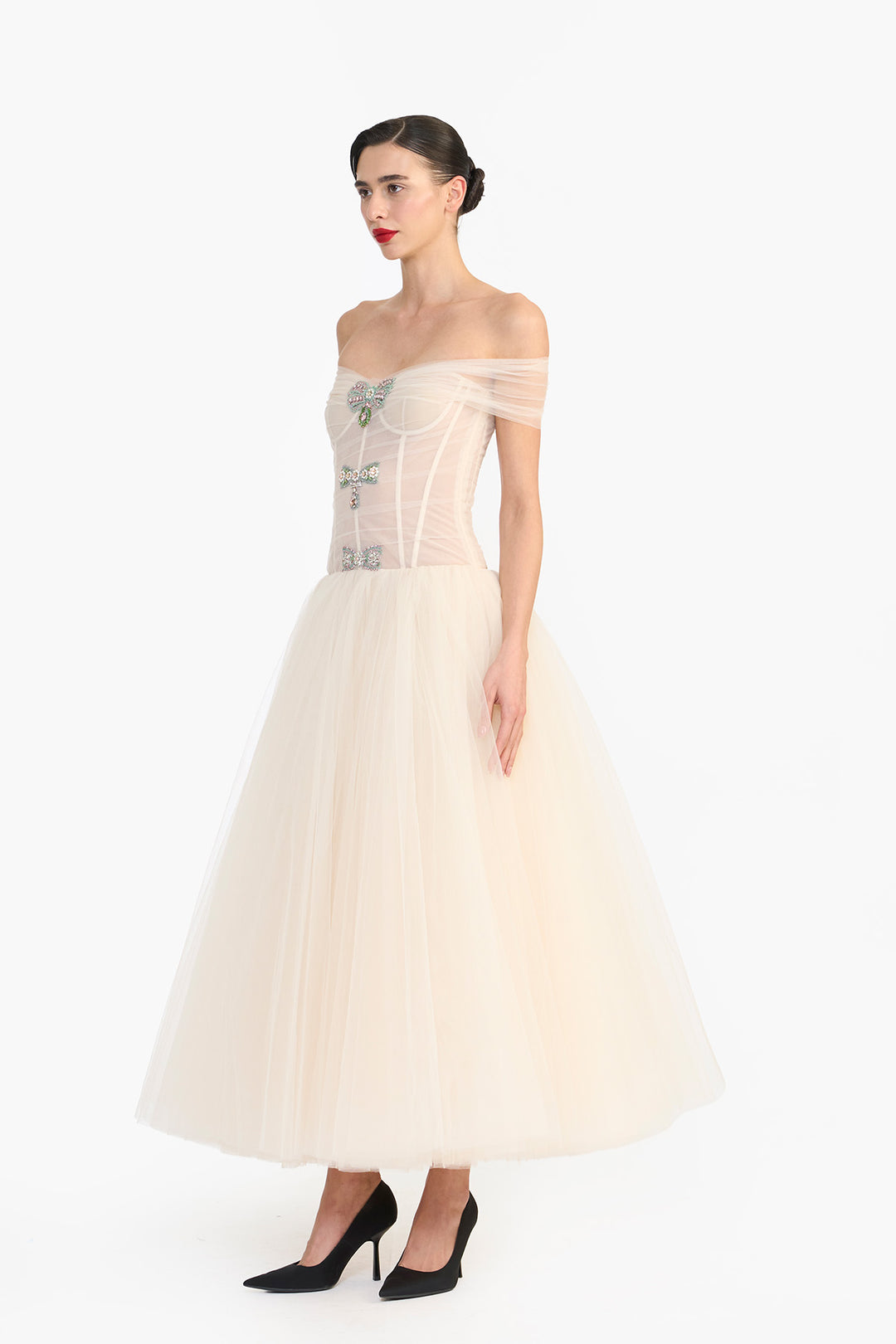 OFF SHOULDER CRYSTAL BOW MIDI