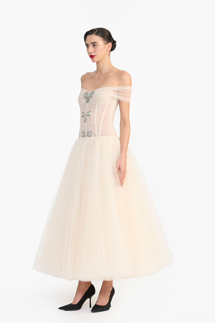 OFF SHOULDER CRYSTAL BOW MIDI