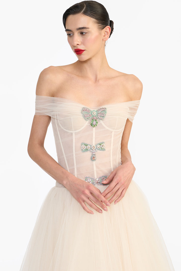 OFF SHOULDER CRYSTAL BOW MIDI