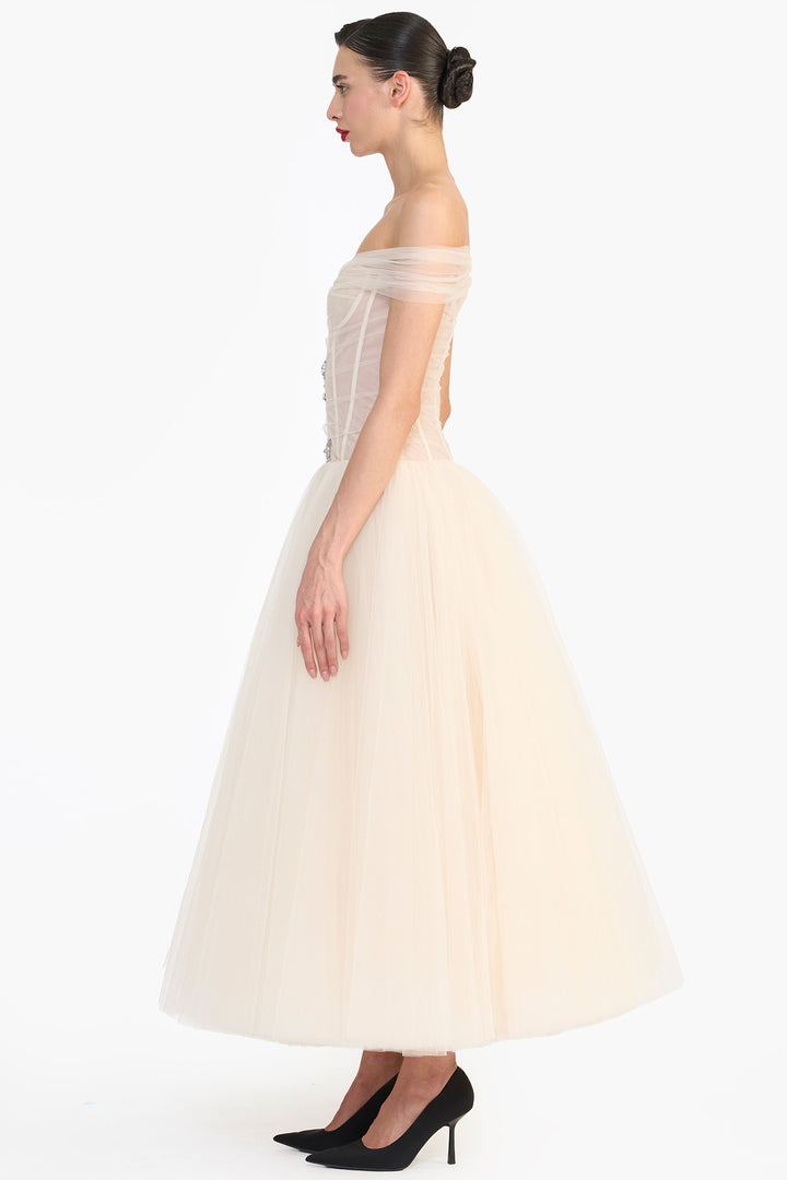 OFF SHOULDER CRYSTAL BOW MIDI