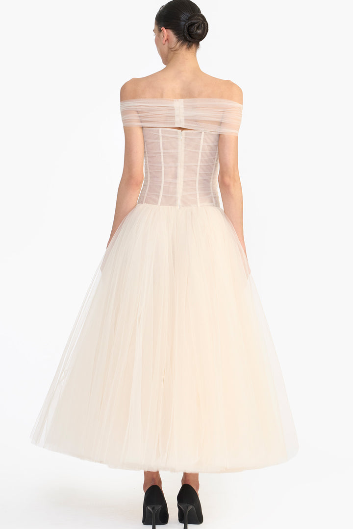 OFF SHOULDER CRYSTAL BOW MIDI