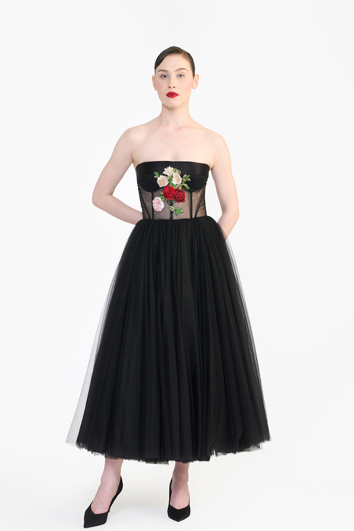 CORSETED TULLE MIDI WITH FLORAL EMBROIDERY