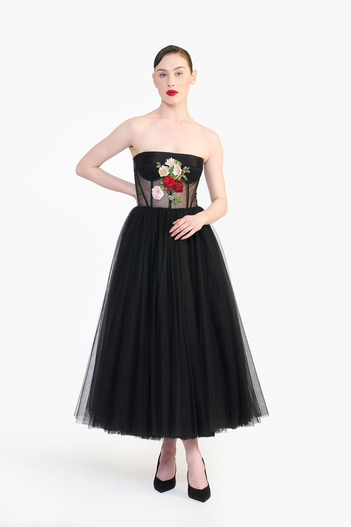 CORSETED TULLE MIDI WITH FLORAL EMBROIDERY