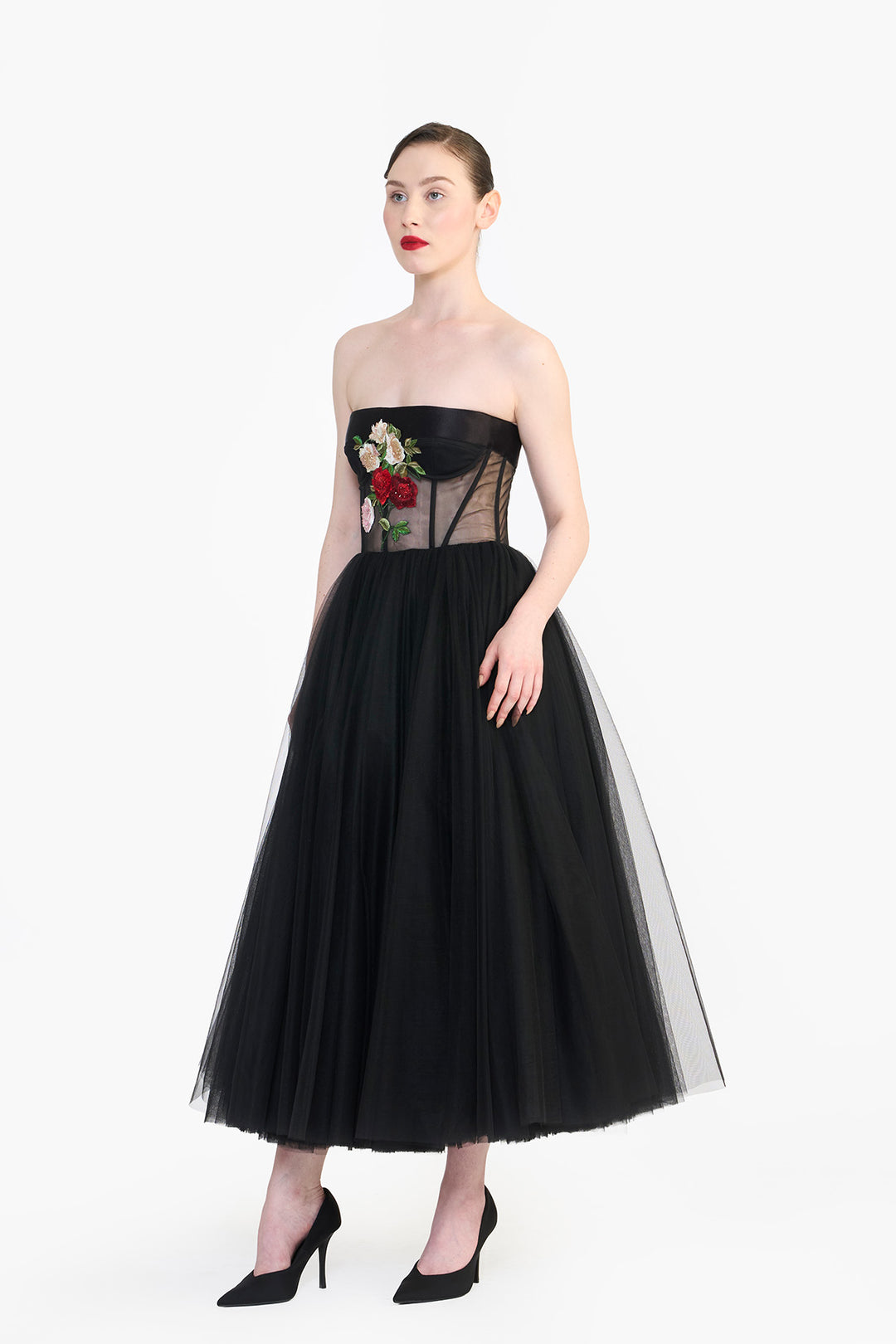 CORSETED TULLE MIDI WITH FLORAL EMBROIDERY
