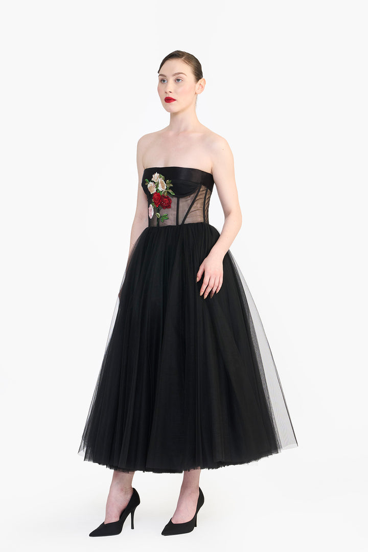 CORSETED TULLE MIDI WITH FLORAL EMBROIDERY
