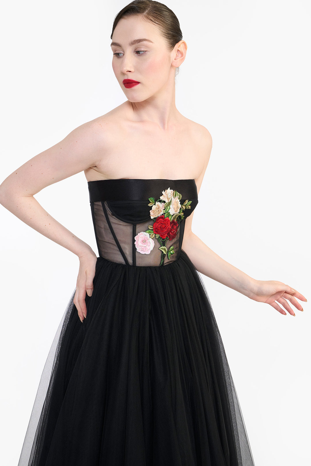 CORSETED TULLE MIDI WITH FLORAL EMBROIDERY