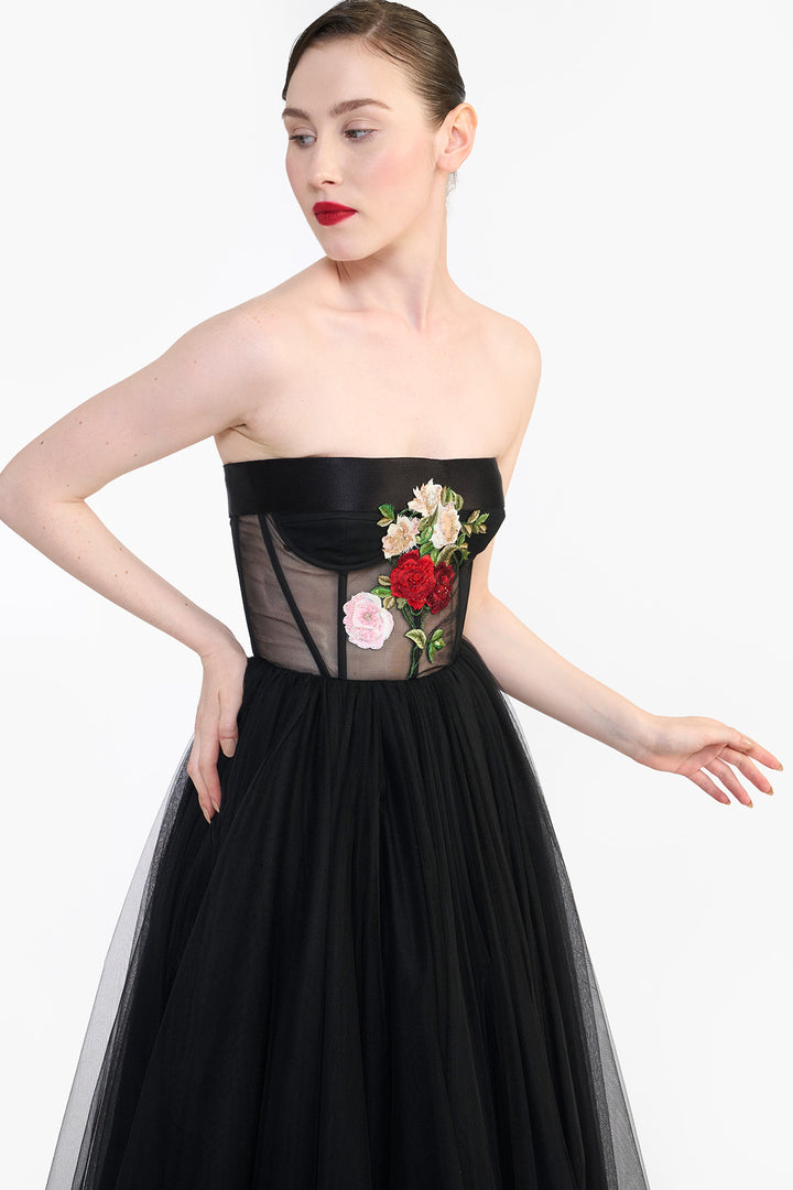 CORSETED TULLE MIDI WITH FLORAL EMBROIDERY