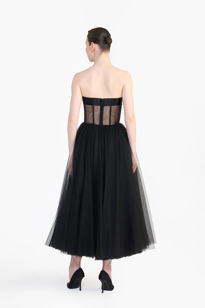 CORSETED TULLE MIDI WITH FLORAL EMBROIDERY