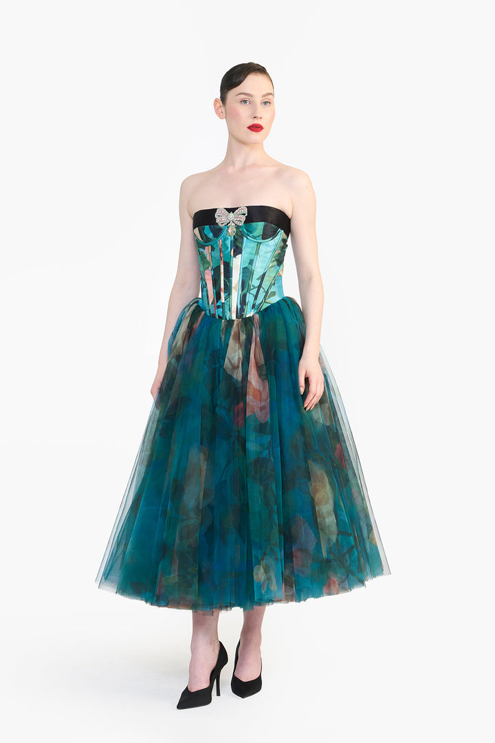 PANELLED CORSETED MIDI WITH CRYSTAL BOW