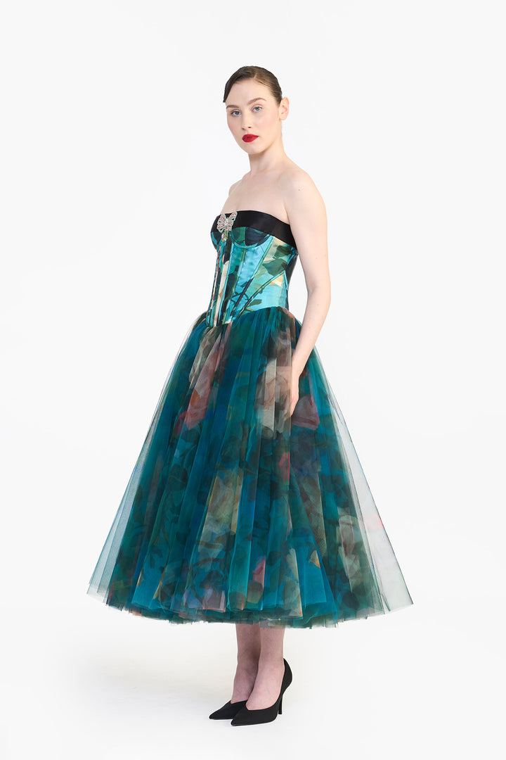 PANELLED CORSETED MIDI WITH CRYSTAL BOW