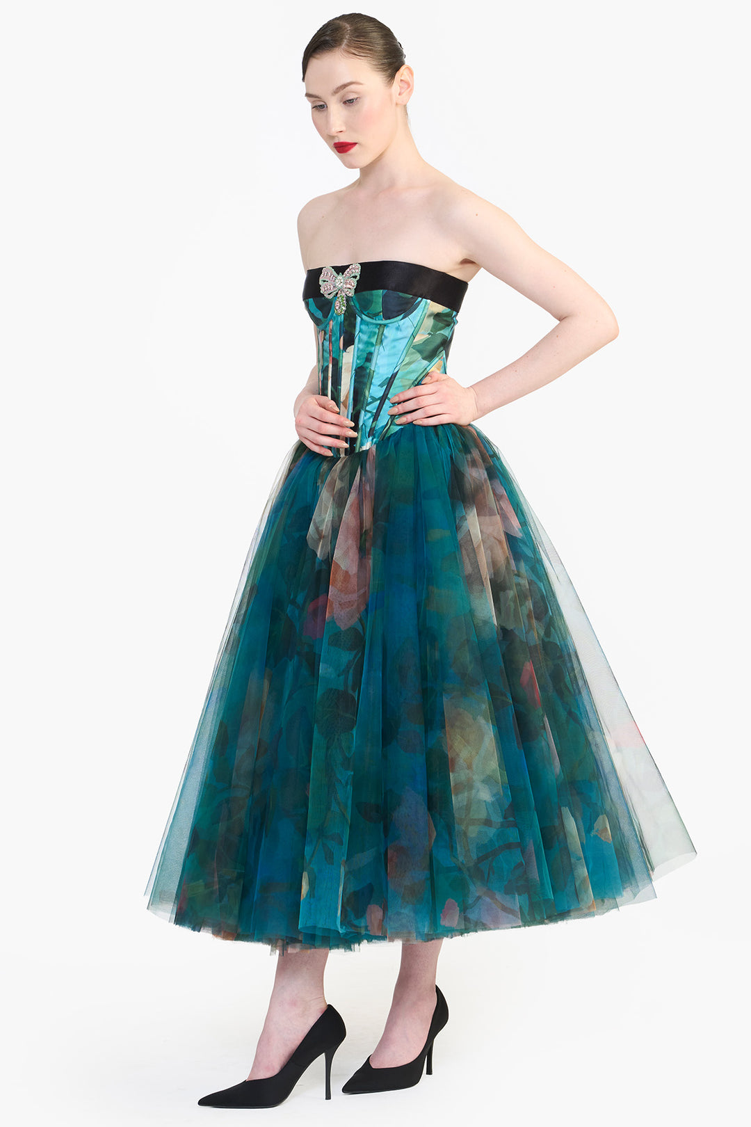 PANELLED CORSETED MIDI WITH CRYSTAL BOW
