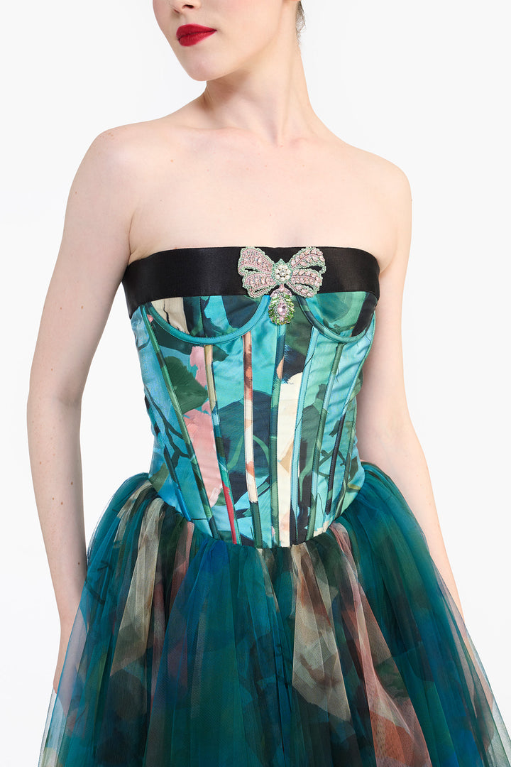 PANELLED CORSETED MIDI WITH CRYSTAL BOW