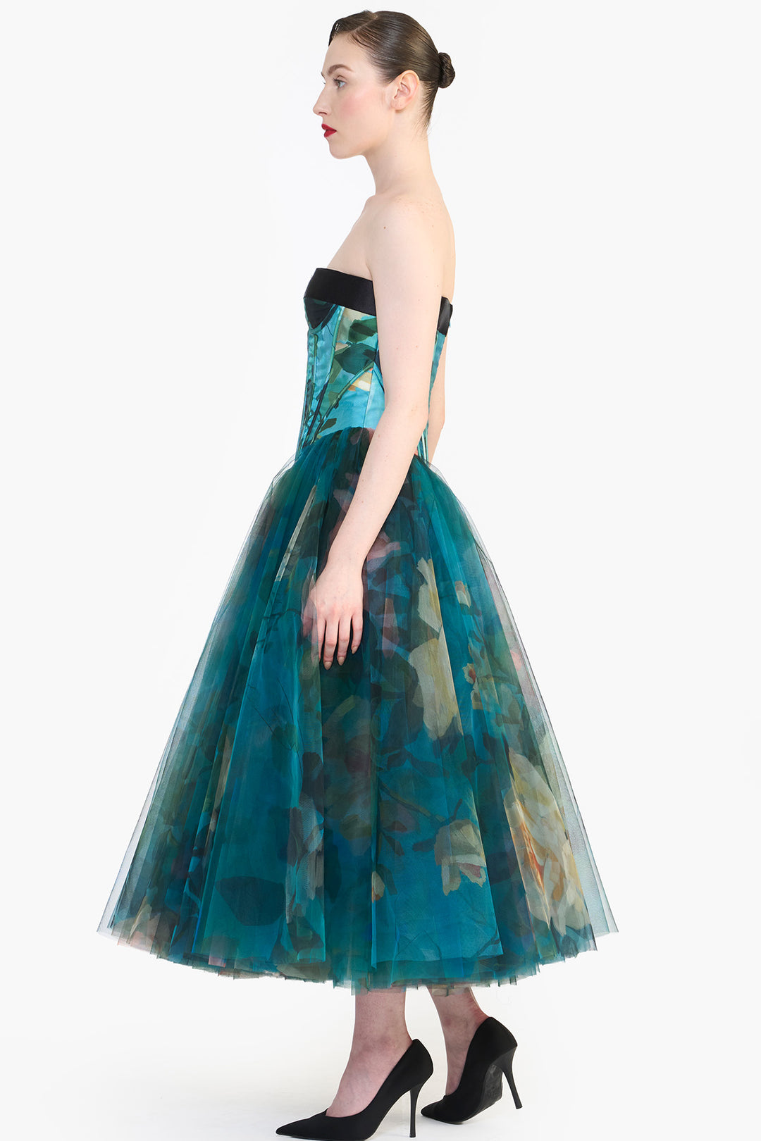 PANELLED CORSETED MIDI WITH CRYSTAL BOW