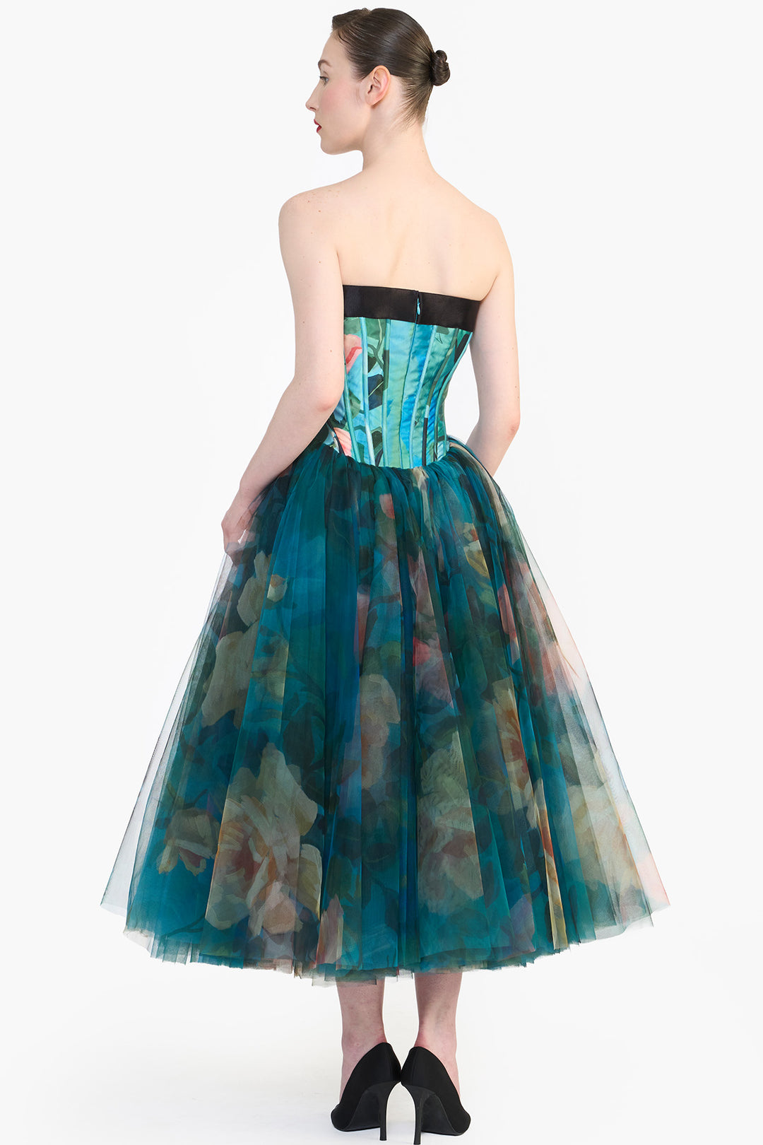 PANELLED CORSETED MIDI WITH CRYSTAL BOW