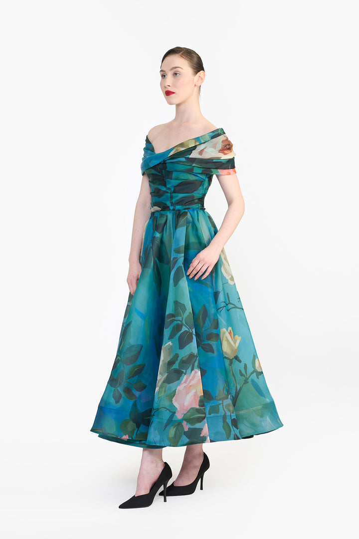 OFF SHOULDER TWISTED DRAPED MIDI