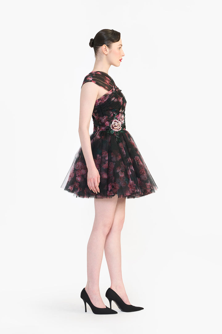 CRISS- CROSS OFF SHOULDER DRAPED MINI