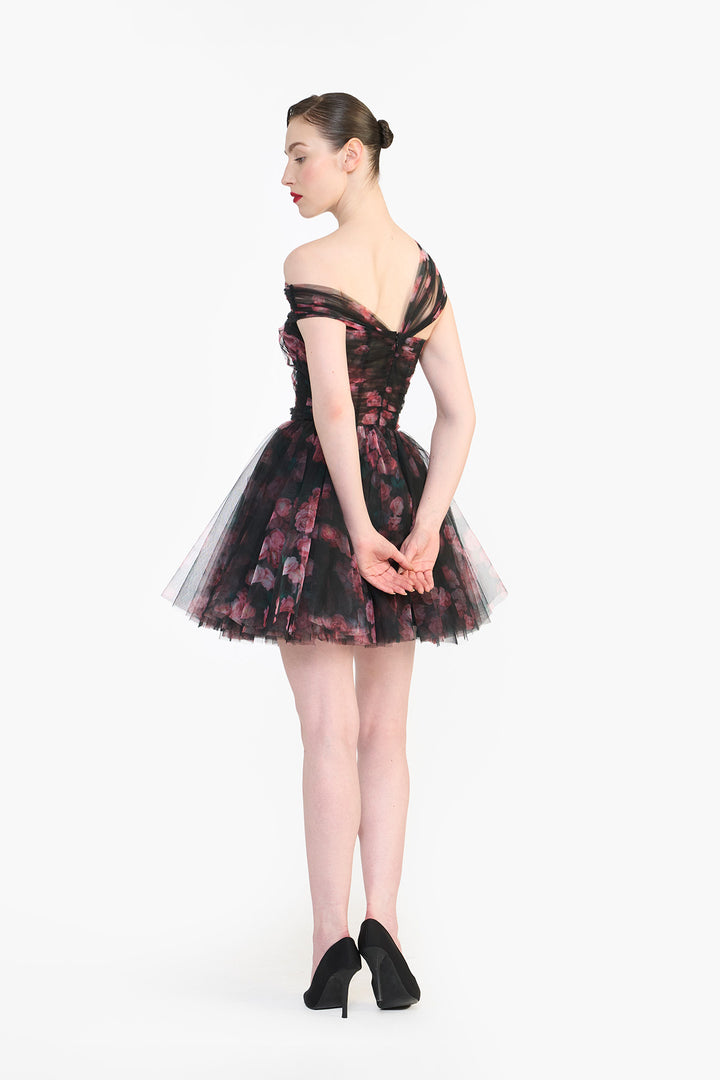 CRISS- CROSS OFF SHOULDER DRAPED MINI