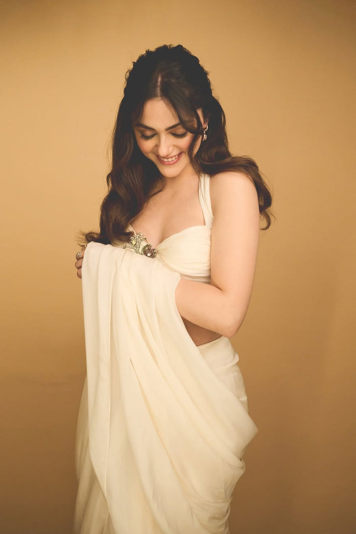 Ivory pre draped saree