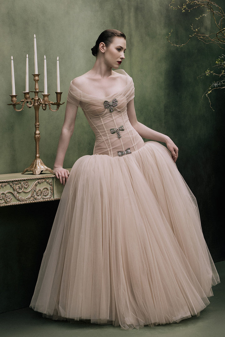 OFF SHOULDER CRYSTAL BOW GOWN
