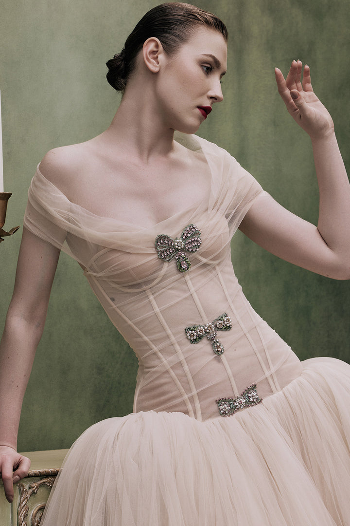 OFF SHOULDER CRYSTAL BOW GOWN