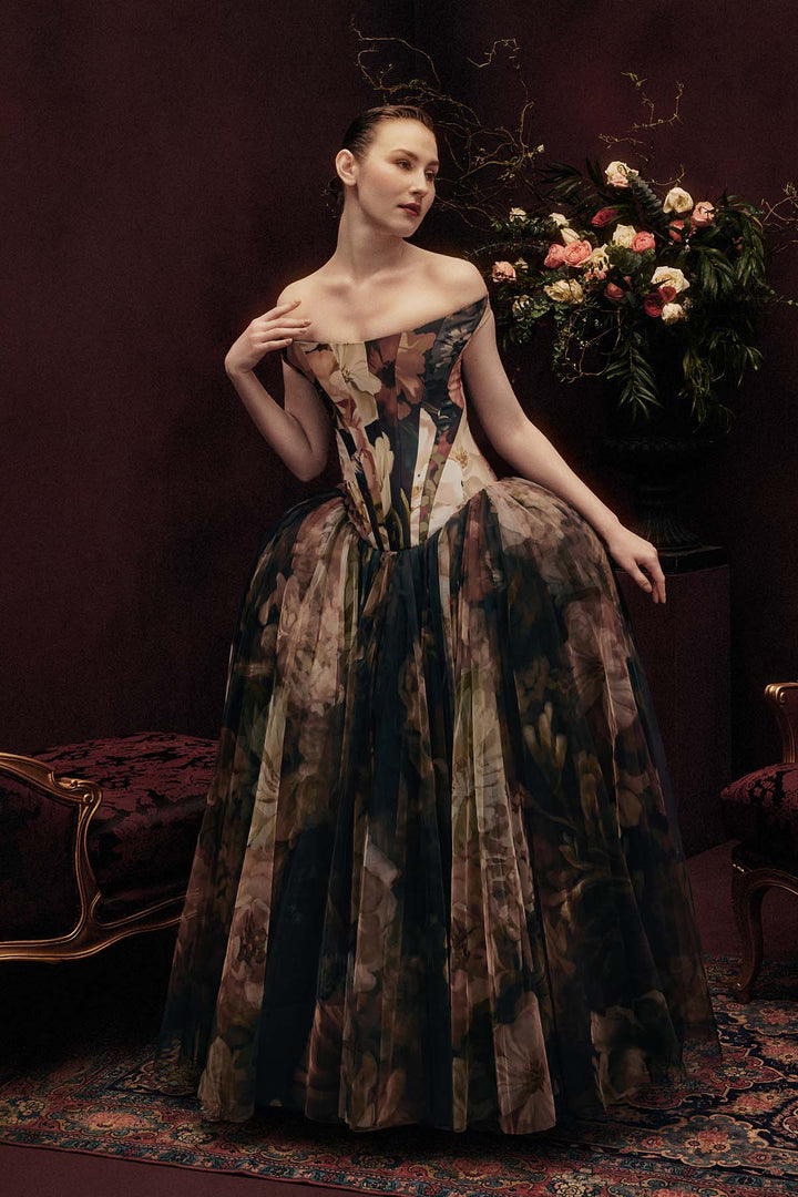 OFF SHOULDER PANEL CORSETED MAXI