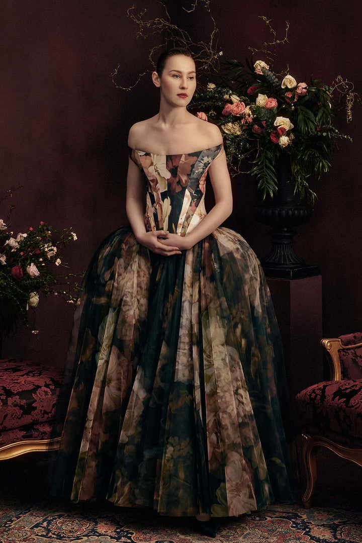 OFF SHOULDER PANEL CORSETED MAXI