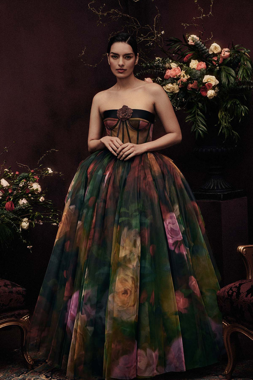 CORSETED TULLE MAXI DRESS