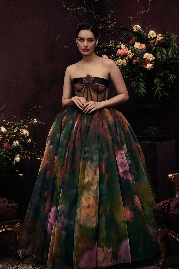 CORSETED TULLE MAXI DRESS