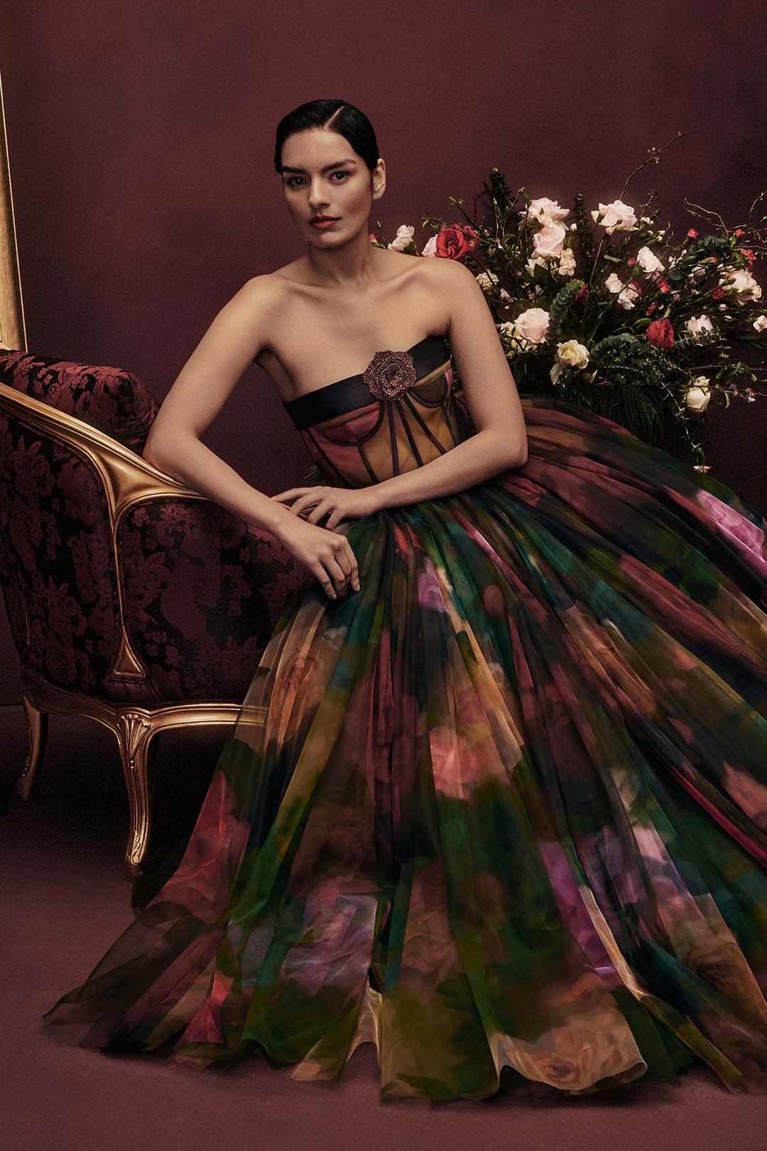 CORSETED TULLE MAXI DRESS