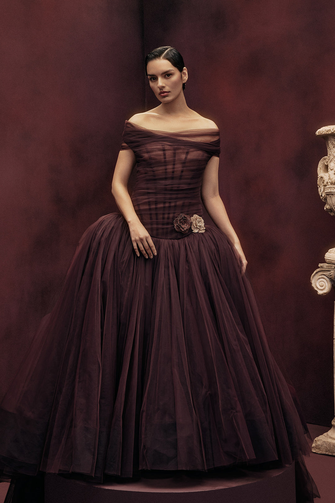 OFF SHOULDER DRAPED TULLE GOWN
