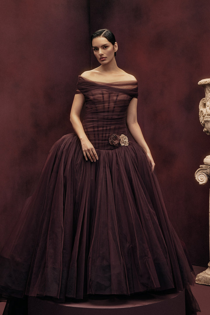 OFF SHOULDER DRAPED TULLE GOWN