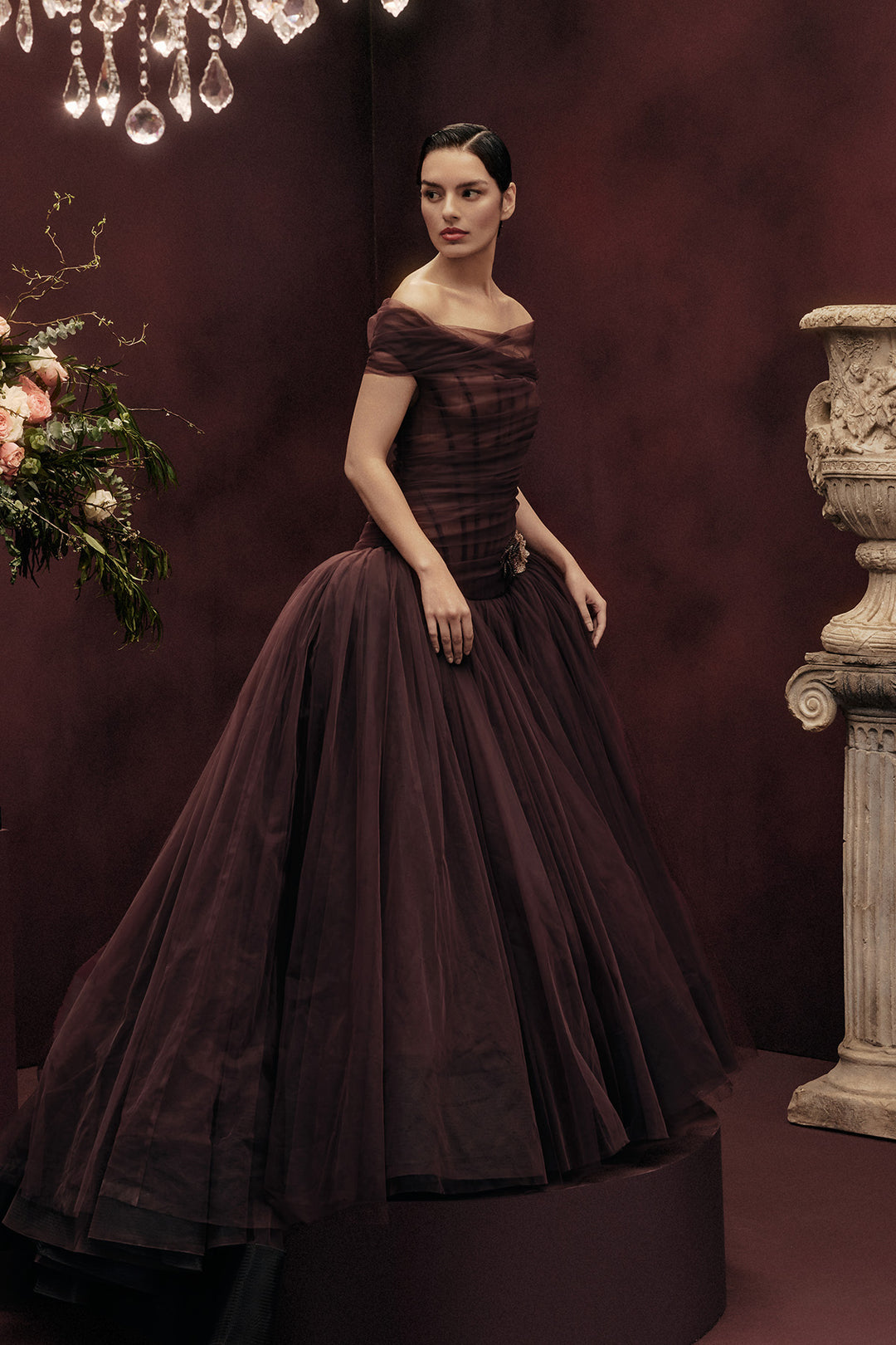 OFF SHOULDER DRAPED TULLE GOWN