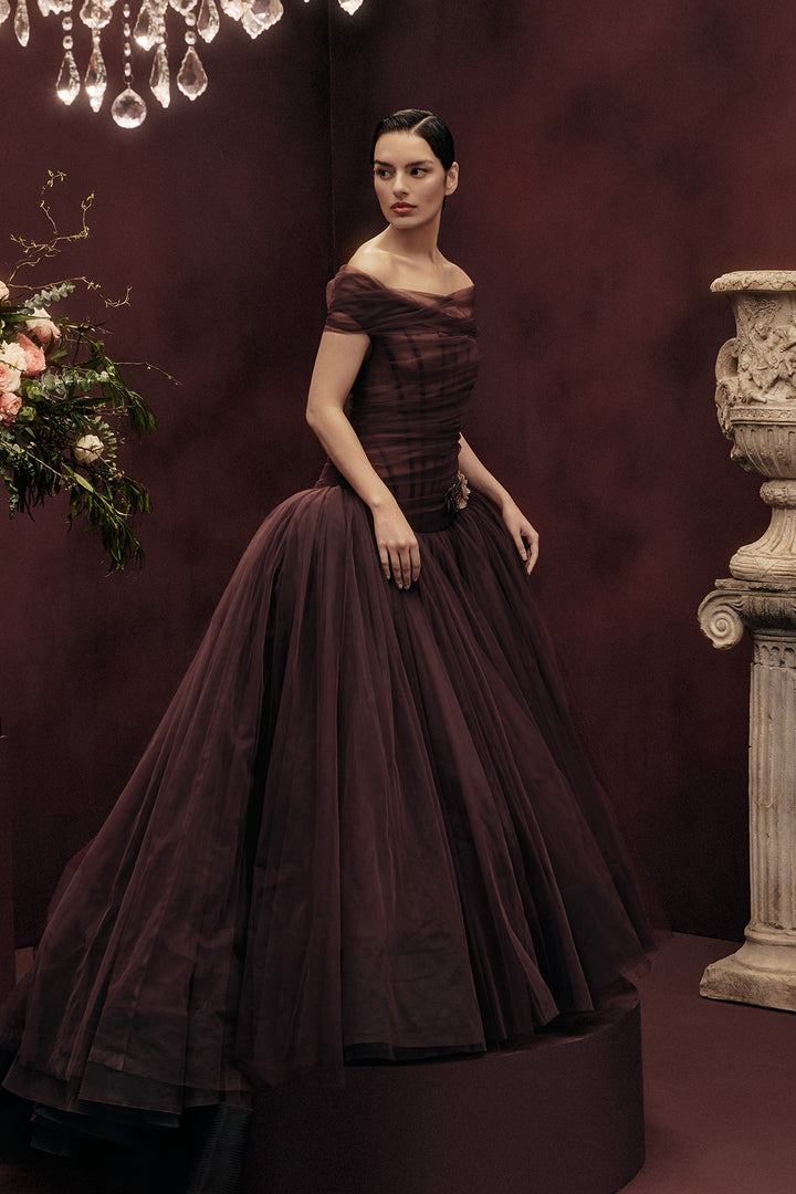OFF SHOULDER DRAPED TULLE GOWN