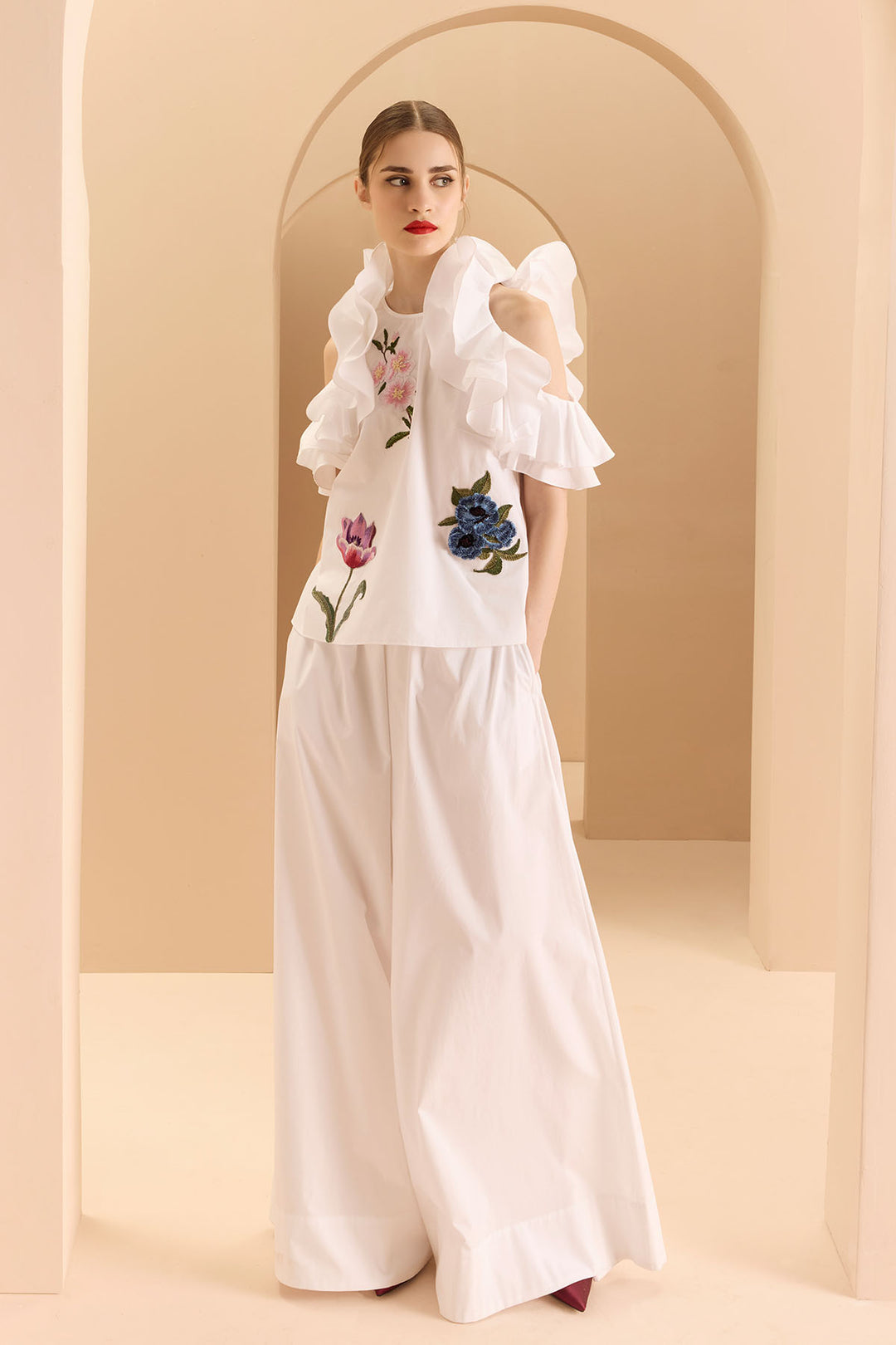 COLD SHOULDER RUFFLE TOP WITH WIDE LEG PANT