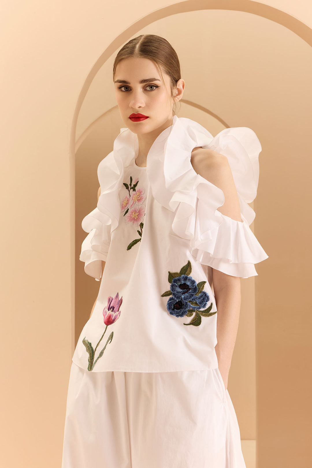 COLD SHOULDER RUFFLE TOP WITH WIDE LEG PANT