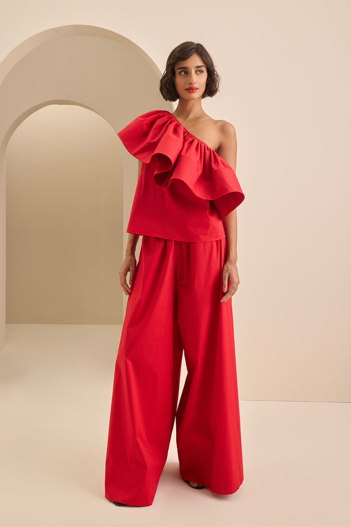 ONE SHOULDER HORSE HAIR RUFFLE TOP WITH WIDE LEG PANT