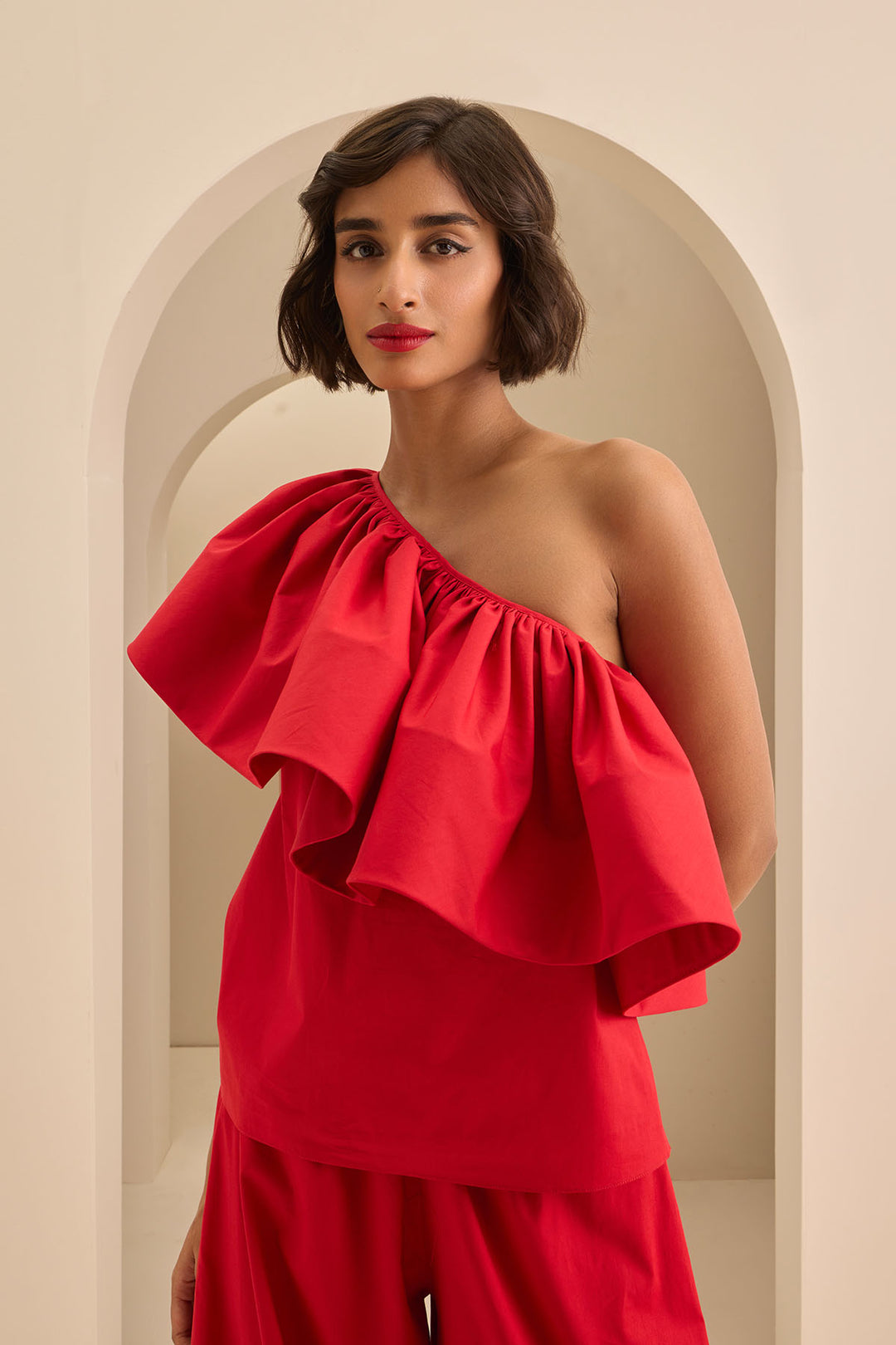 ONE SHOULDER HORSE HAIR RUFFLE TOP WITH WIDE LEG PANT